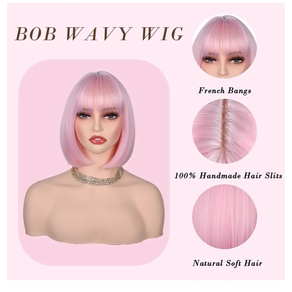 Pink Bob Wig With Bangs - Short Synthetic Straight Bob Wig, 12 Inch - Picture 2 of 5